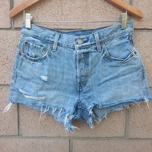 Levi's 501 Cutoff High Rise Button Fly Distressed Denim Shorts Size 28 Blue